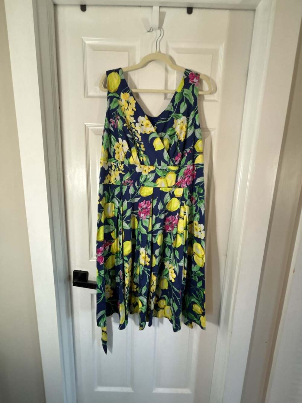 Roz & Ali Navy Blue Lemon and Floral Print V-Neck Midi Dress Size 14W NWT